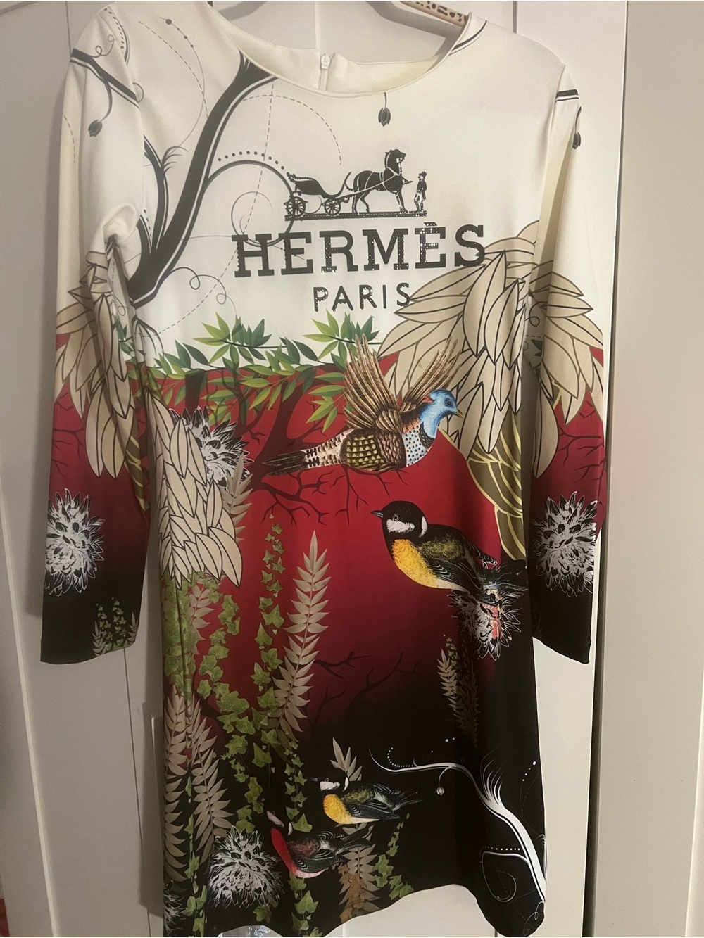 Hermès Cream, Red & Green Bird Motif Midi Dress